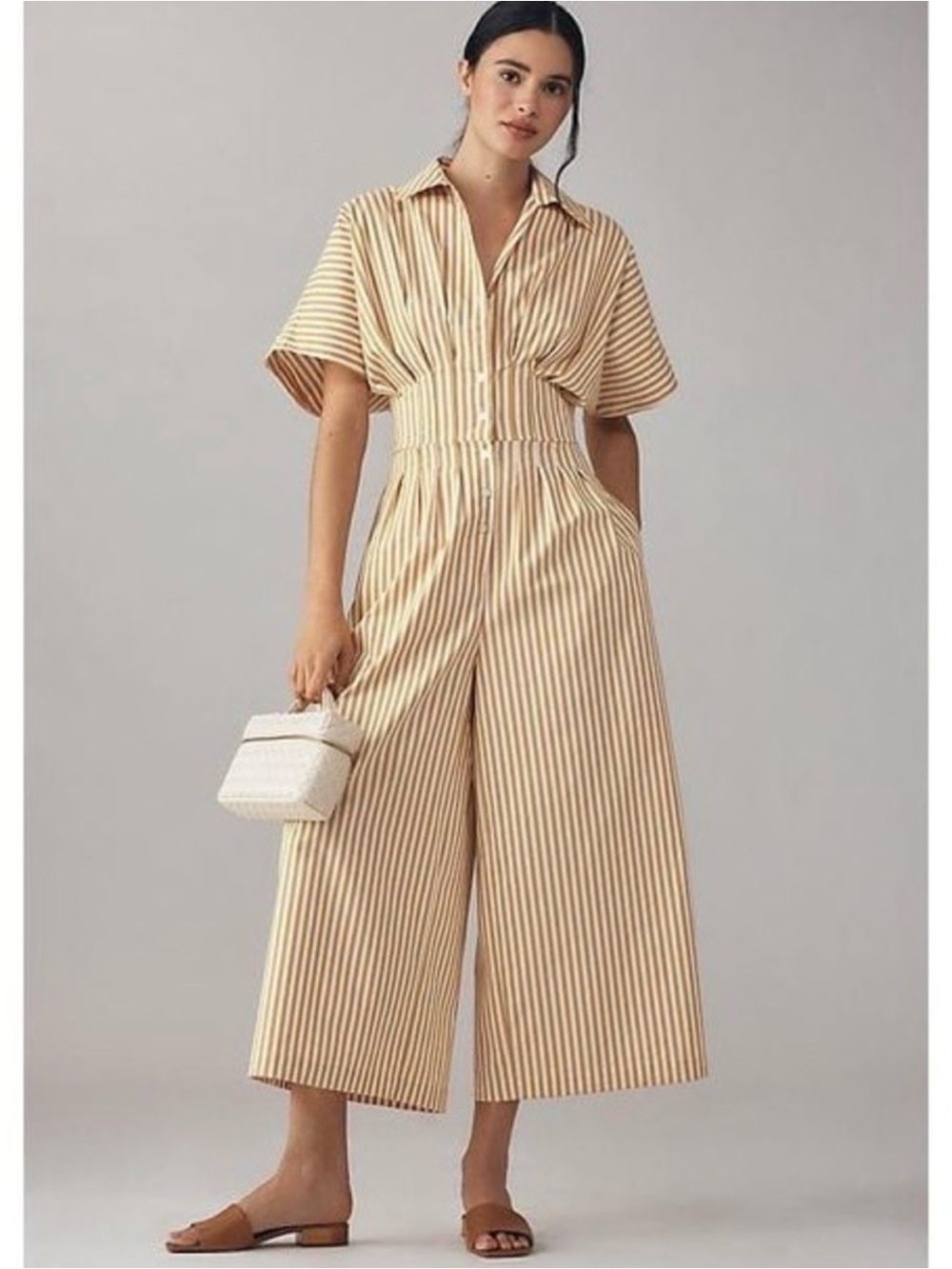 Anthropologie Striped Caramel /White Stripe Wide-Leg Jumpsuit
